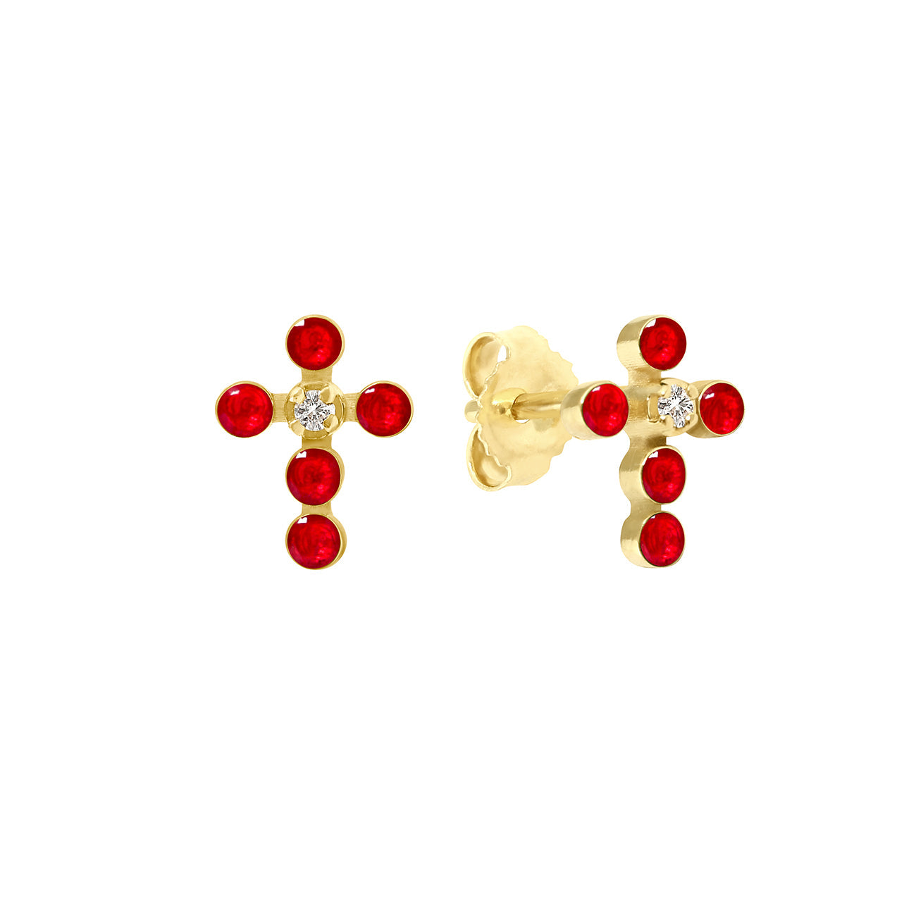 Boucles d'oreilles rubis Croix Perlée, or jaune, diamants