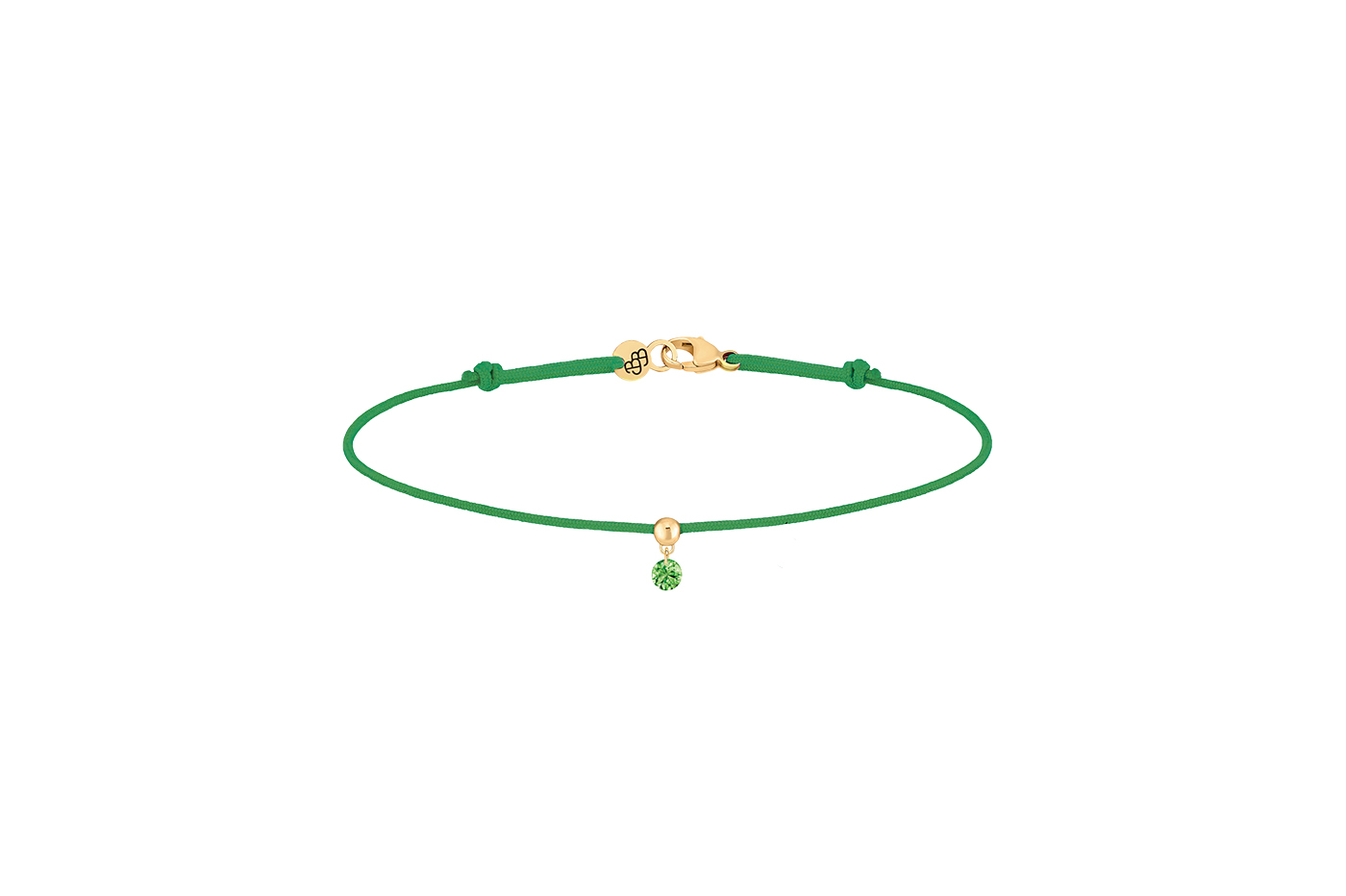 Bracelet BB LA BRUNE & LA BLONDE, cordon VERT, tsavorite 0,13ct approx.,qualité F-G/VS2-SI1, or jaune 18KT, 0,35gr.