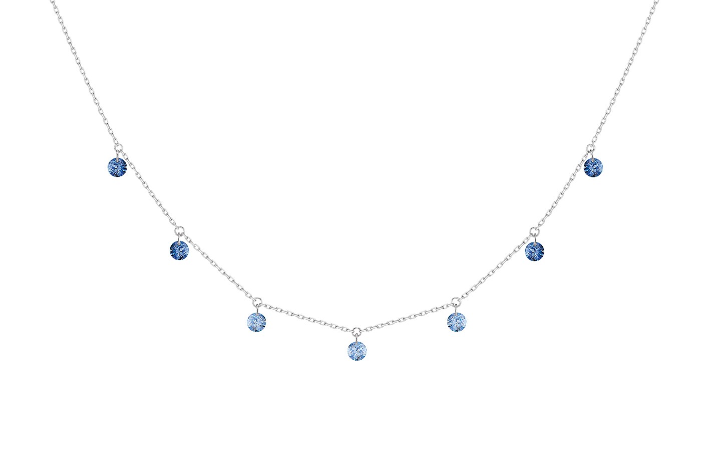 Collier CONFETTI BLEU, 7 pierres, poids total 0,90 ct approx., or blanc 18KT, 1gr.