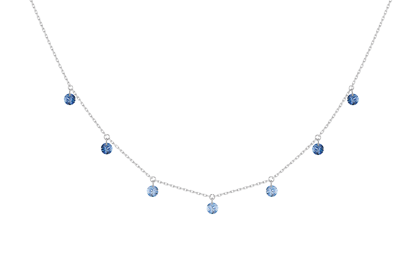 Collier CONFETTI BLEU, 7 pierres, poids total 0,90 ct approx., or blanc 18KT, 1gr. Confetti Référence :  CL0040WGSA -1