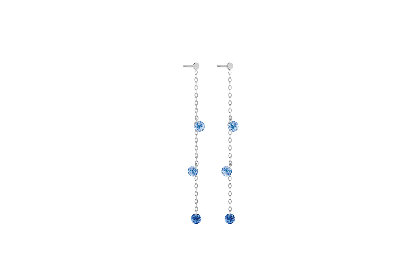 Pendants d'Oreilles CONFETTI BLEU, 6 pierres, poids total 0,80 ct approx., or blanc 18KT, 1gr., 4,5 cm