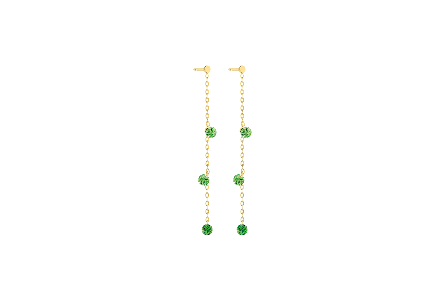 Pendants d'Oreilles CONFETTI VERT, 6 pierres, poids total 0,80 ct approx., or jaune 18KT, 1gr., 4,5 cm