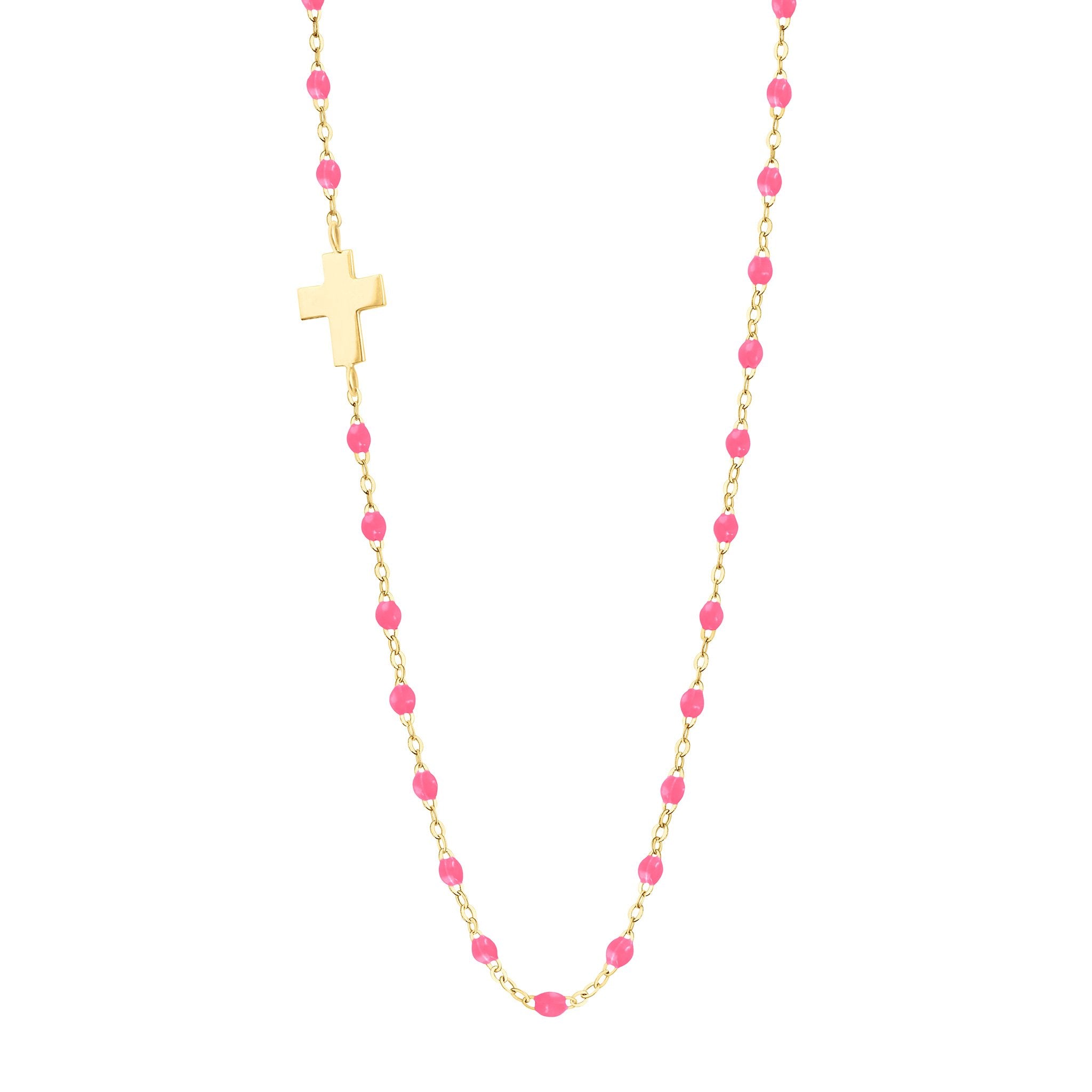 Collier rose fluo Croix de côté, or jaune, 42 cm madone Référence :  b1co002j2942xx -1