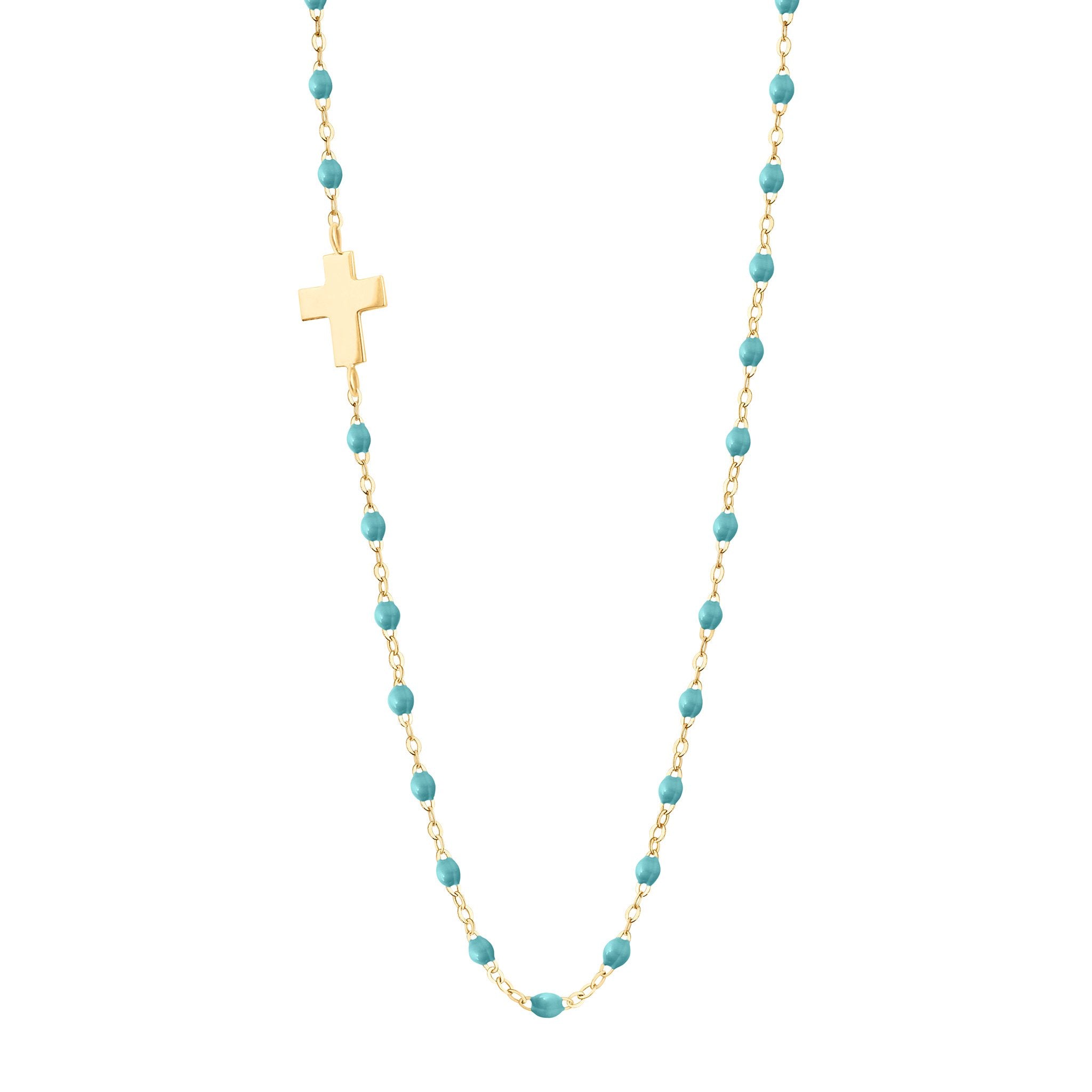 Collier turquoise vert Croix de côté, or jaune, 42 cm madone Référence :  b1co002j3342xx -1