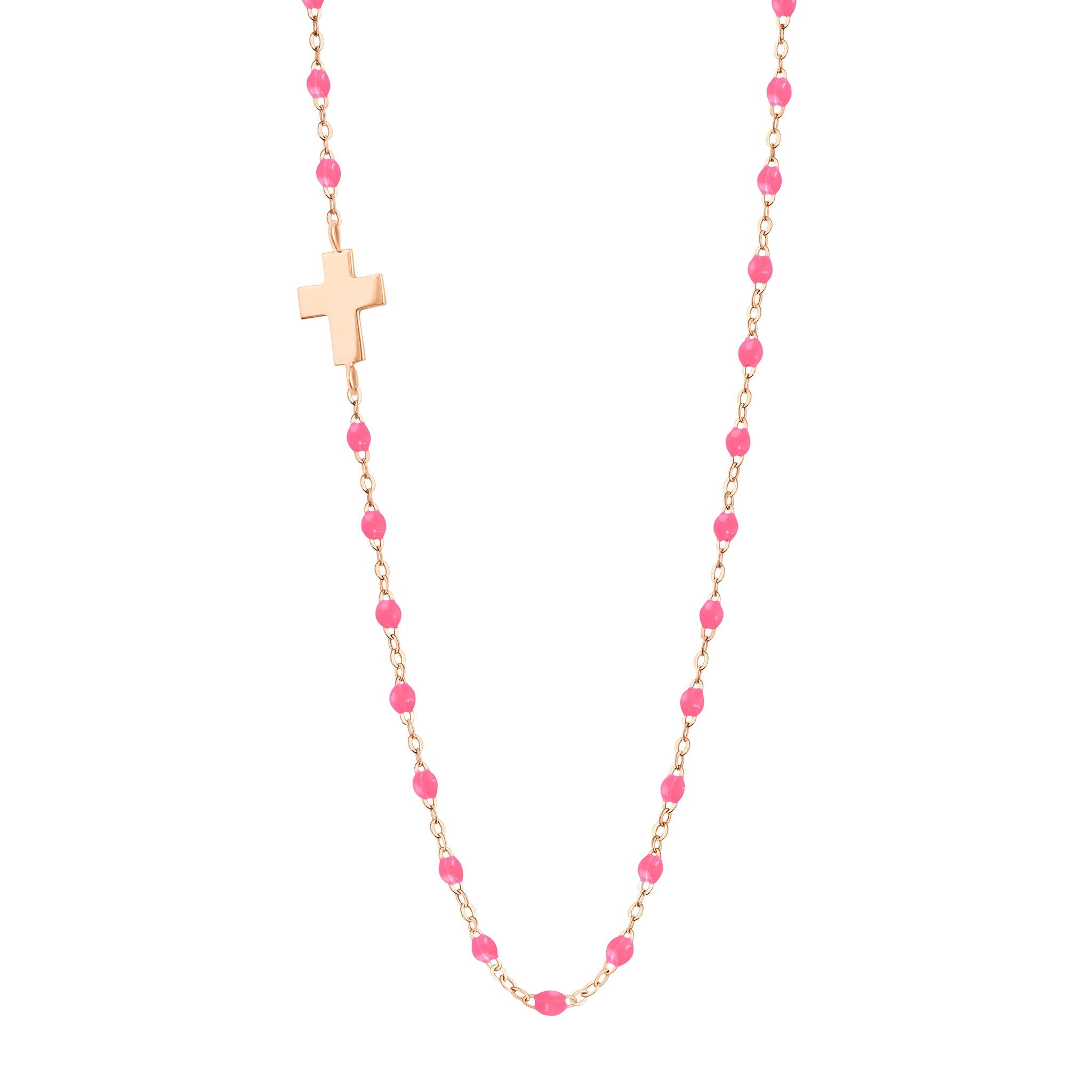 Collier rose fluo Croix de côté, or rose, 42 cm