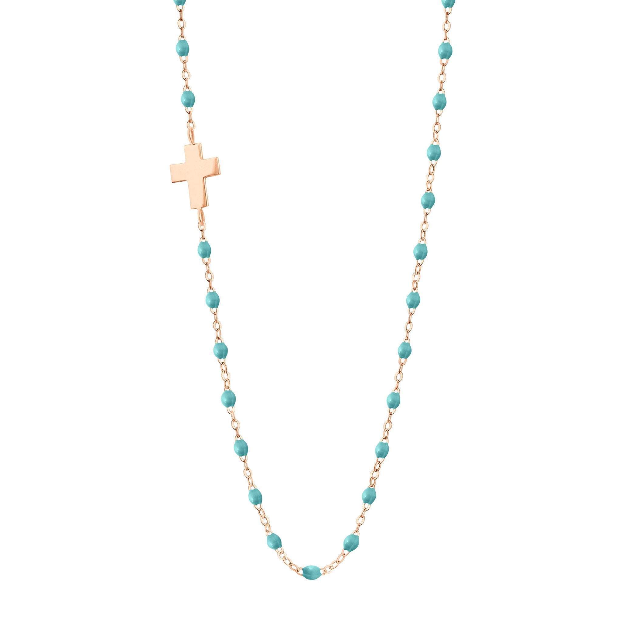 Collier turquoise vert Croix de côté, or rose, 42 cm madone Référence :  b1co002r3342xx -1