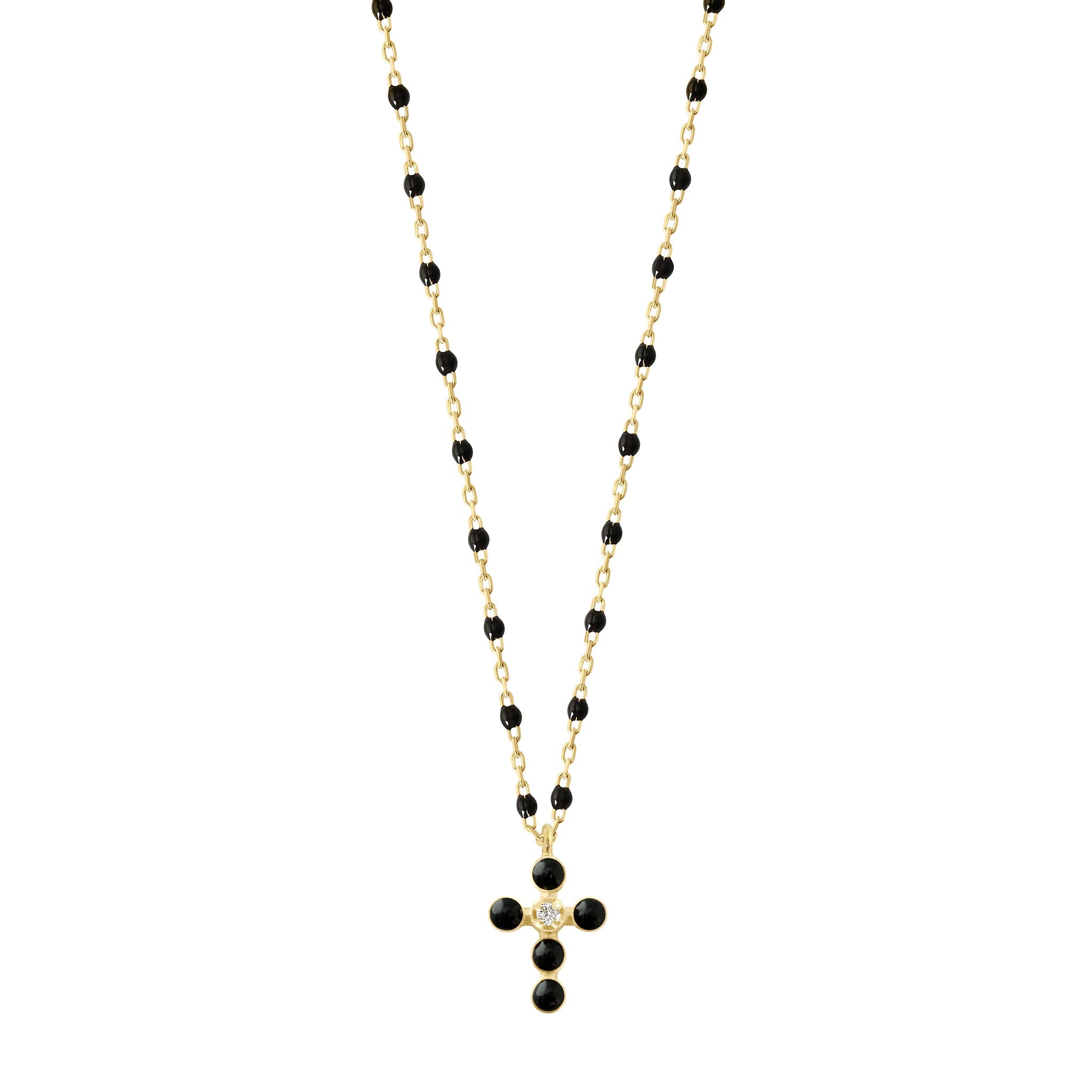 Collier noir Croix Perlée, or jaune, 1 diamant, 42 cm madone Référence :  b1cp001j2042di -1