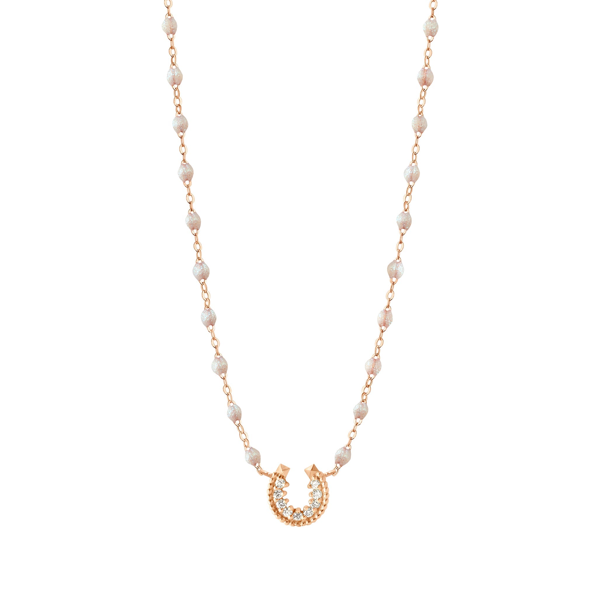 Collier opale Fer à cheval, diamants, or rose, 42 cm