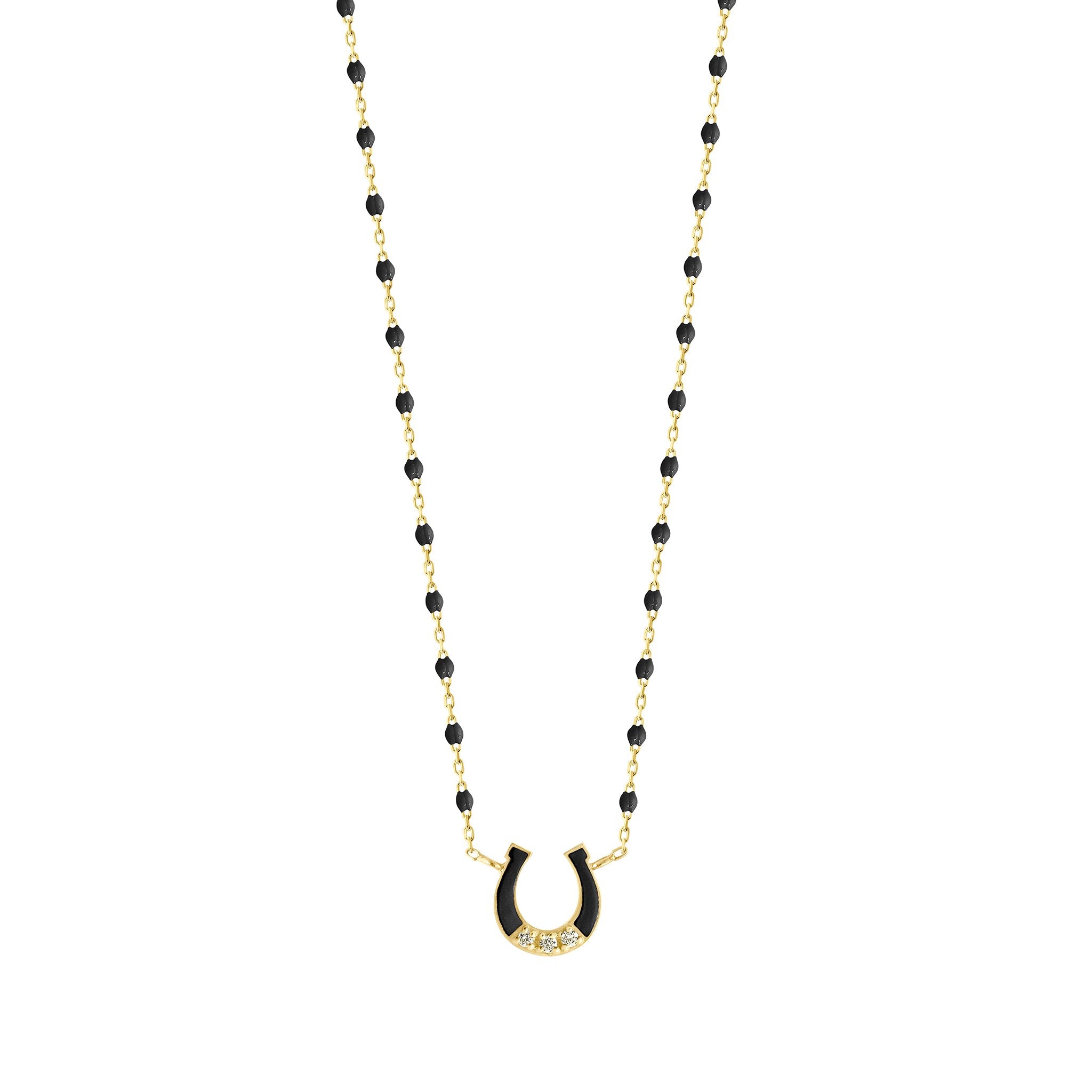 Collier Fer à cheval, or jaune, diamants et mini perles de résine noire, 42 cm voyage Référence :  b1fc002j2042di -1