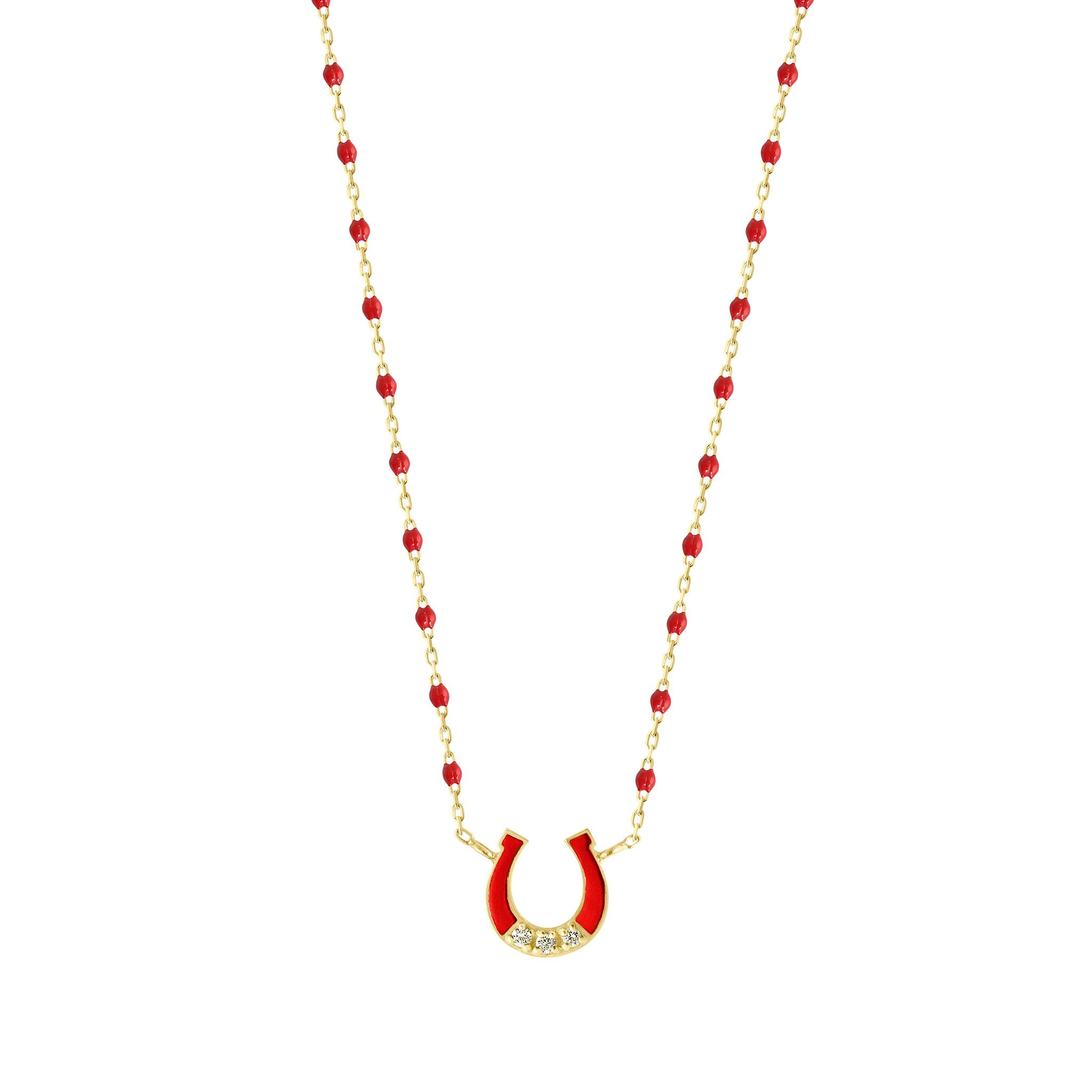 Collier Fer à cheval, or jaune, diamants et mini perles de résine coquelicot, 42 cm voyage Référence :  b1fc002j3142di -1