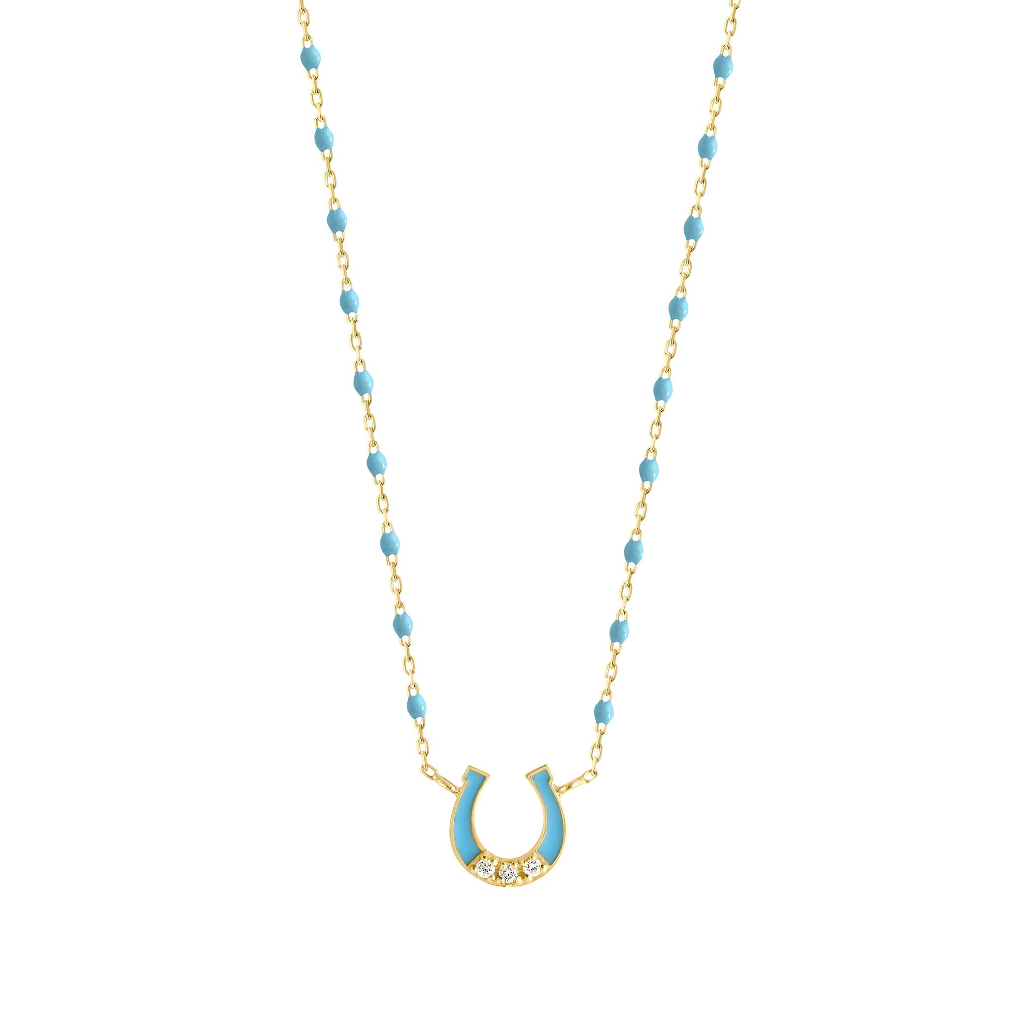 Collier Fer à cheval, or jaune, diamants et mini perles de résine turquoise, 42 cm voyage Référence :  b1fc002j3442di -1