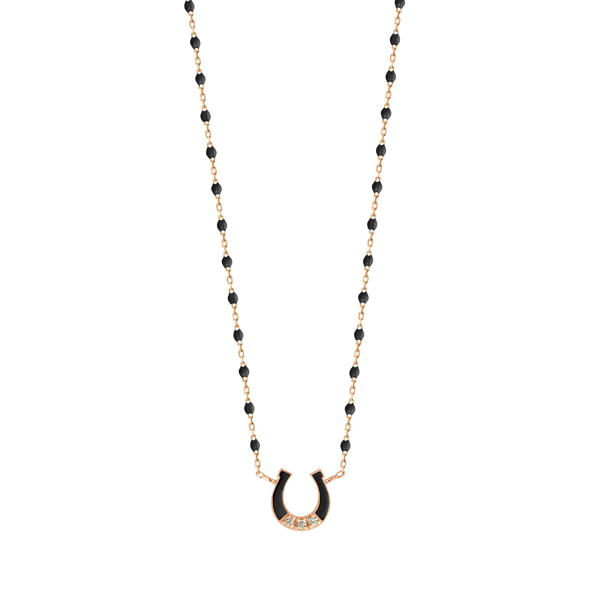 Collier Fer à cheval, or rose, diamants et mini perles de résine noire, 42 cm voyage Référence :  b1fc002r2042di -1