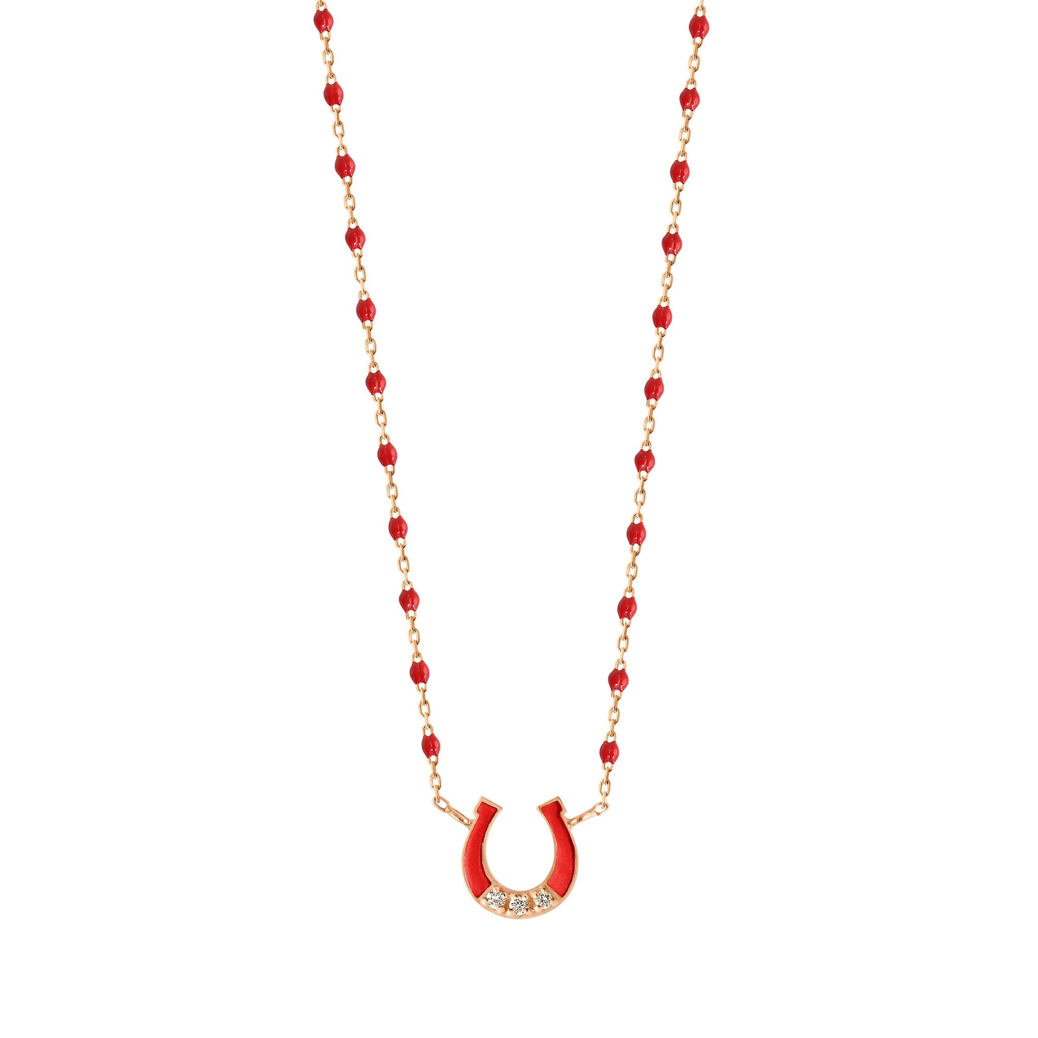 Collier Fer à cheval, or rose, diamants et mini perles de résine coquelicot, 42 cm voyage Référence :  b1fc002r3142di -1