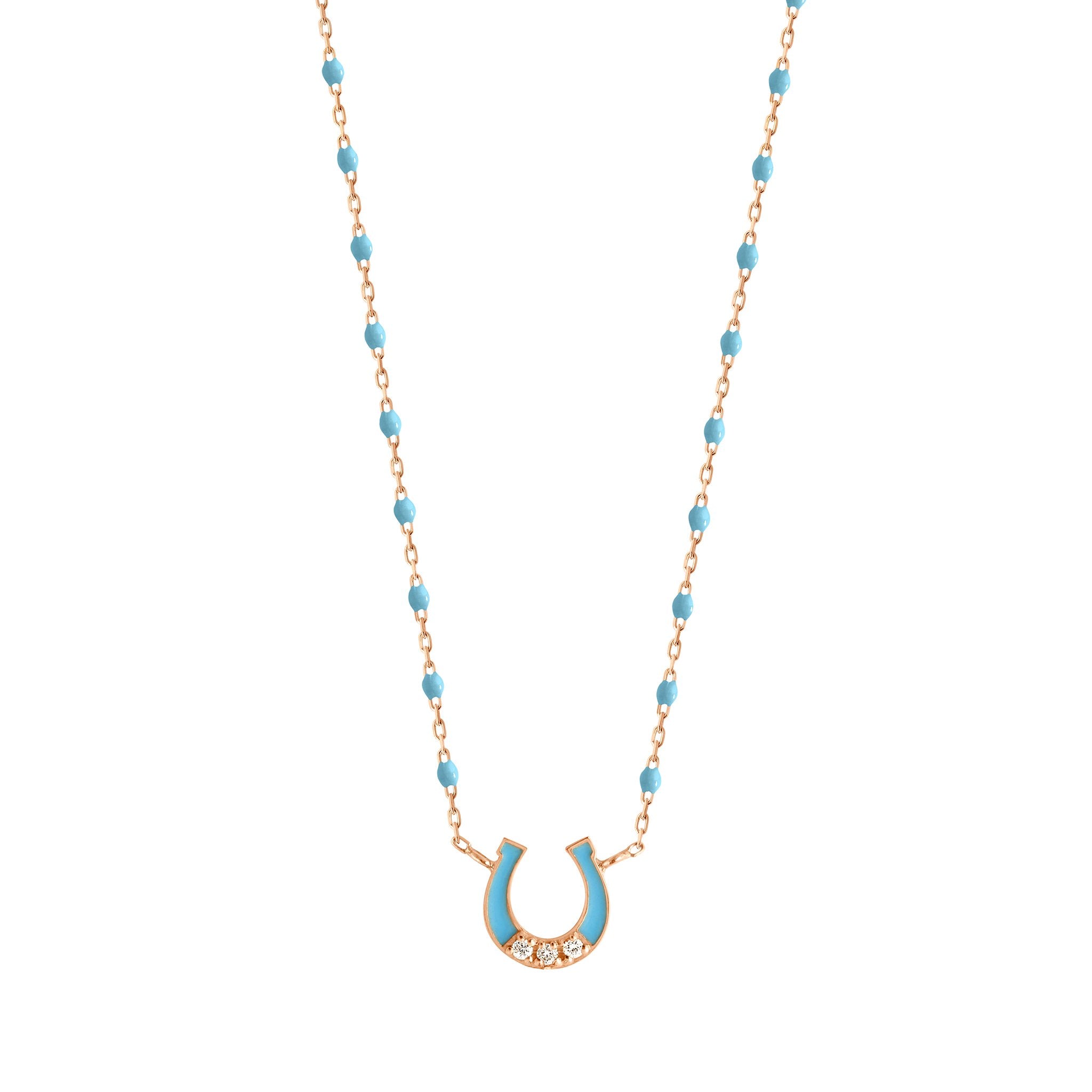 Collier Fer à cheval, or rose, diamants et mini perles de résine turquoise, 42 cm