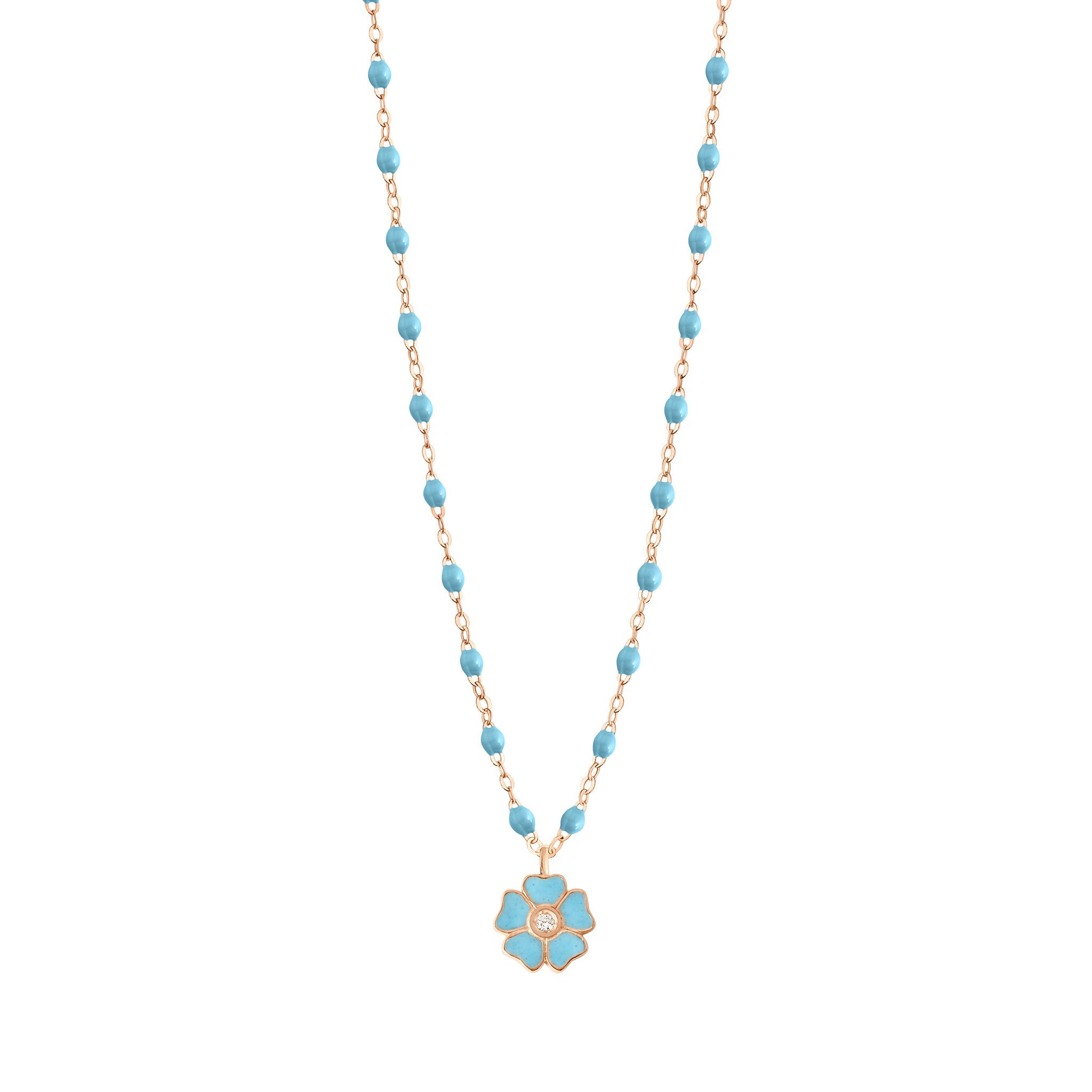 Collier turquoise Fleur, diamant, or rose, 42 cm voyage Référence :  b1fl001r3442di -1