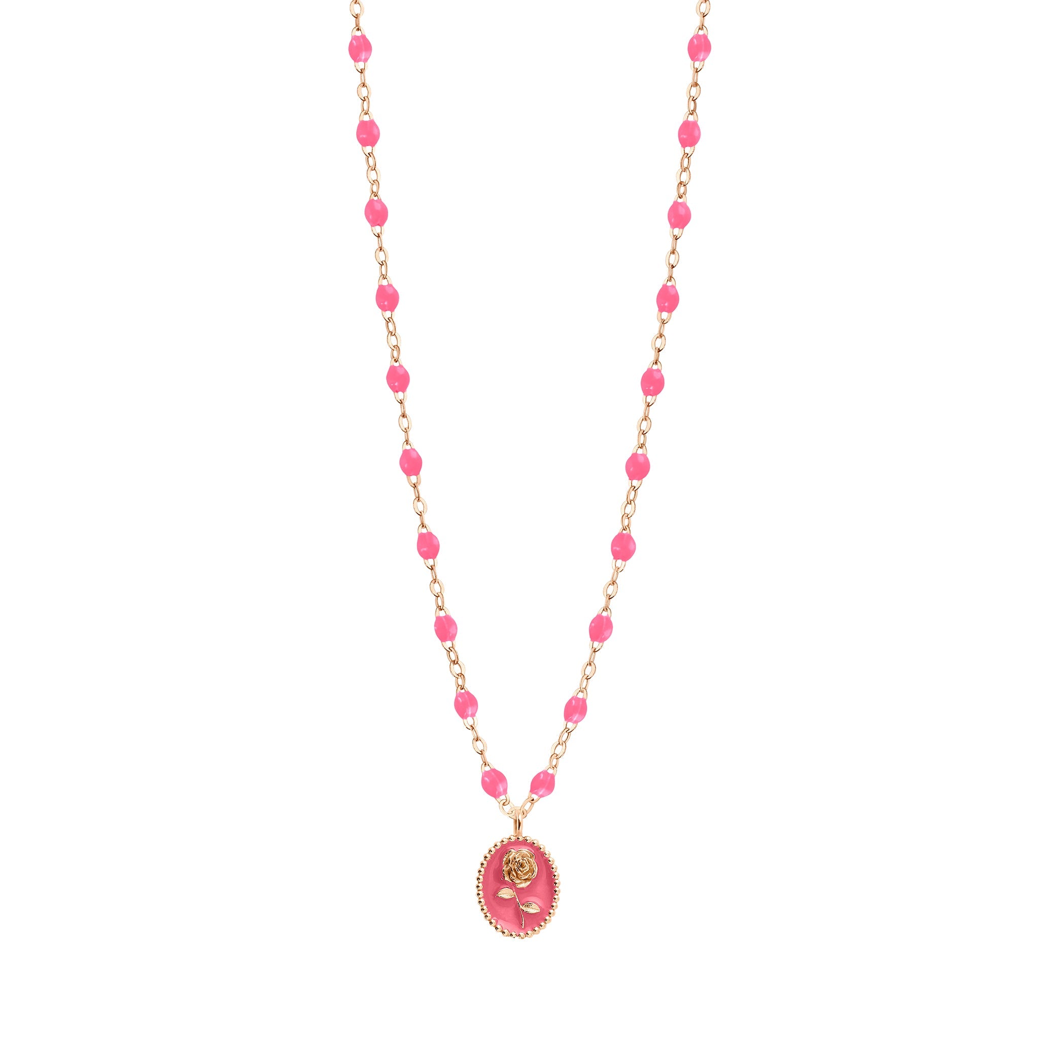 Collier Rose résine rose fluo, or rose, 42 cm voyage Référence :  b1fl002r2942xx -1