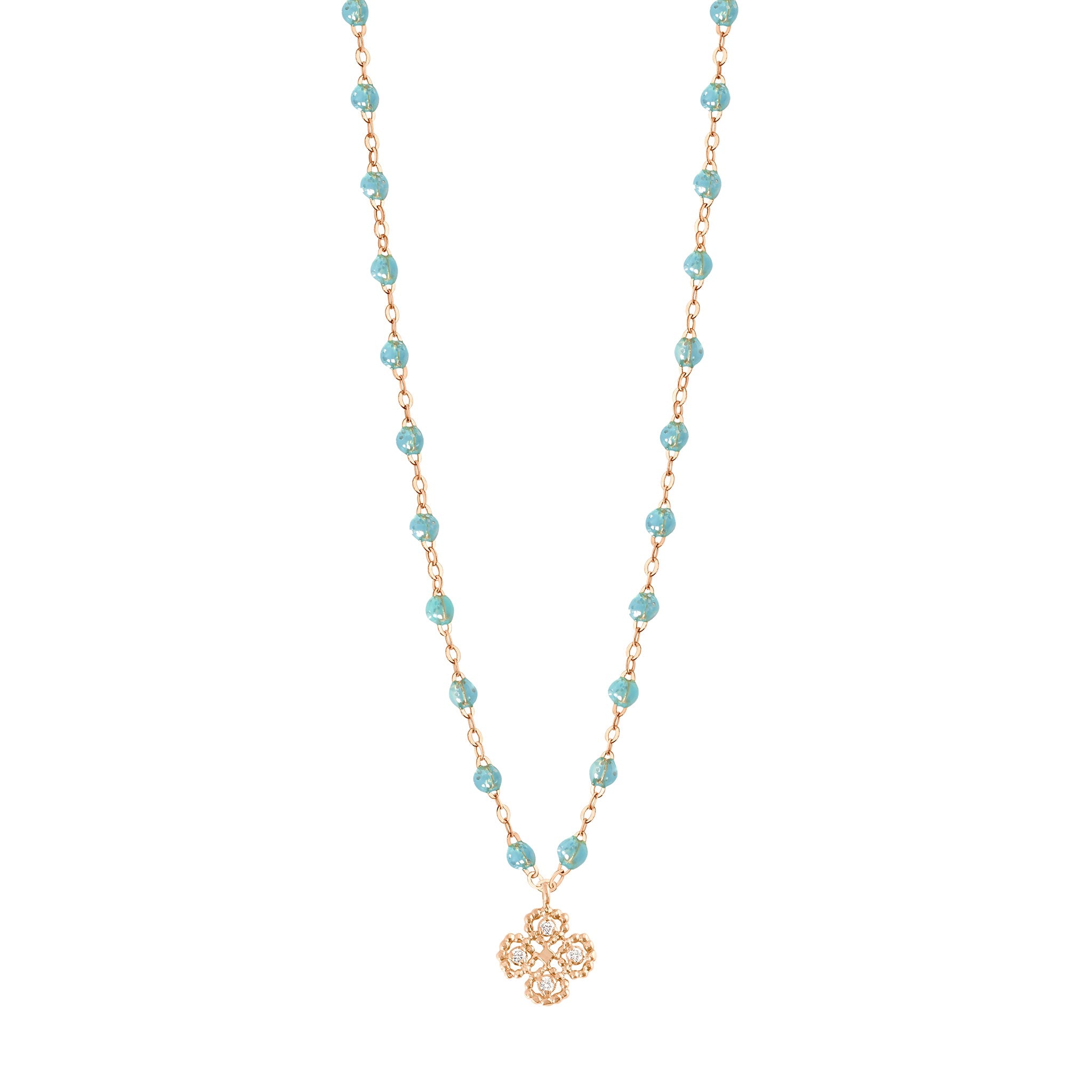 Collier aqua Lucky Trèfle, diamants, or rose, 42 cm