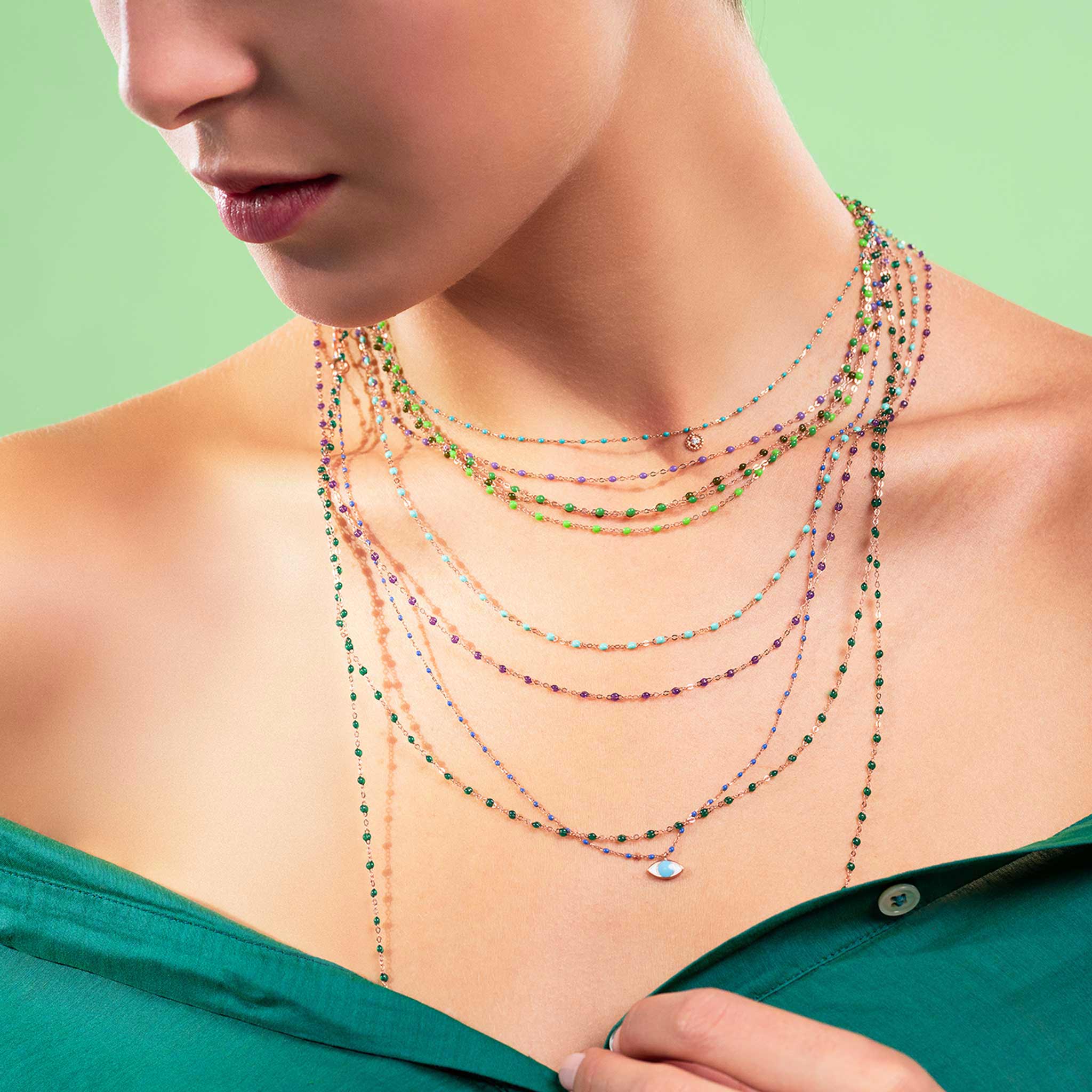 Collier Lucky Puce, diamant, or jaune et mini perles de résine turquoise verte, 42 cm lucky Référence :  b1lk011j3342di -2