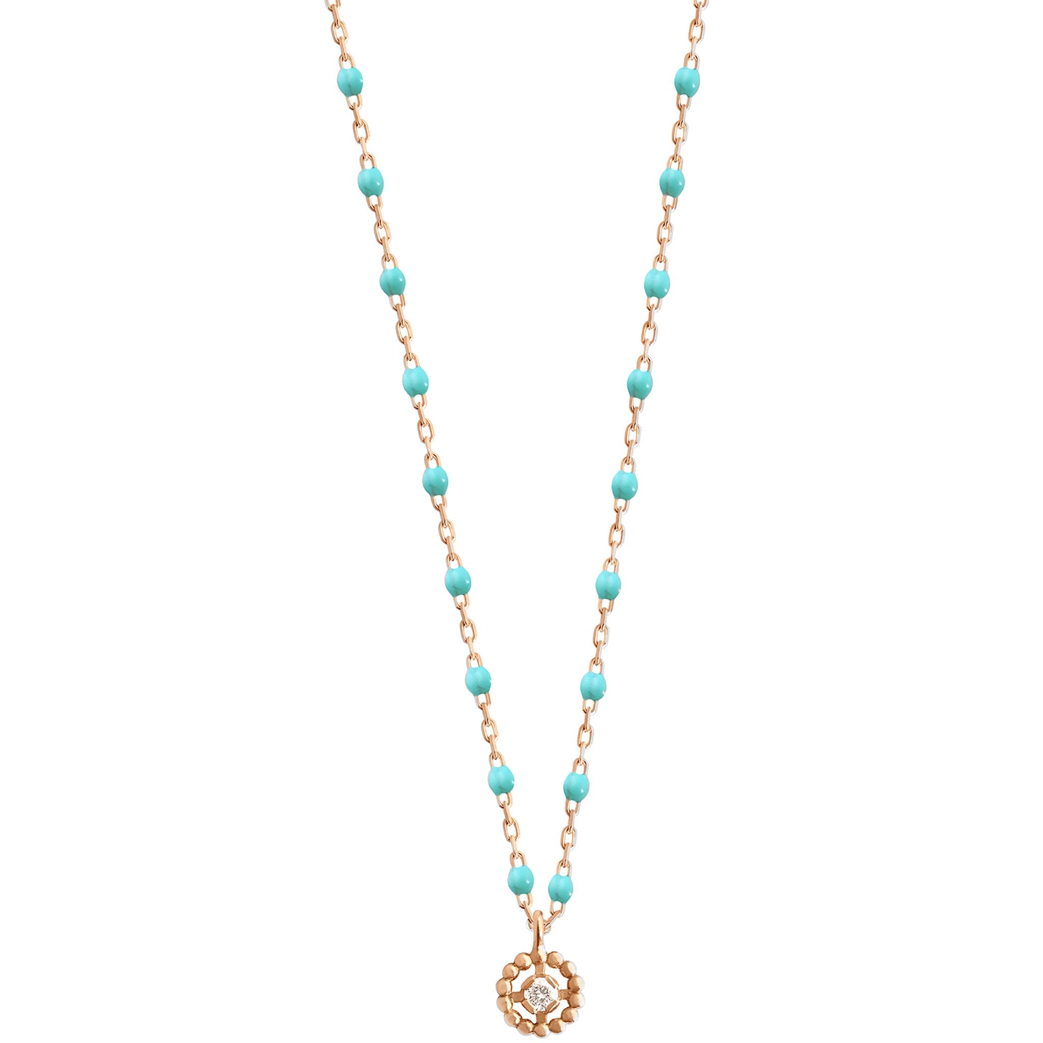 Collier Lucky Puce, diamant, or rose et mini perles de résine turquoise verte, 42 cm
