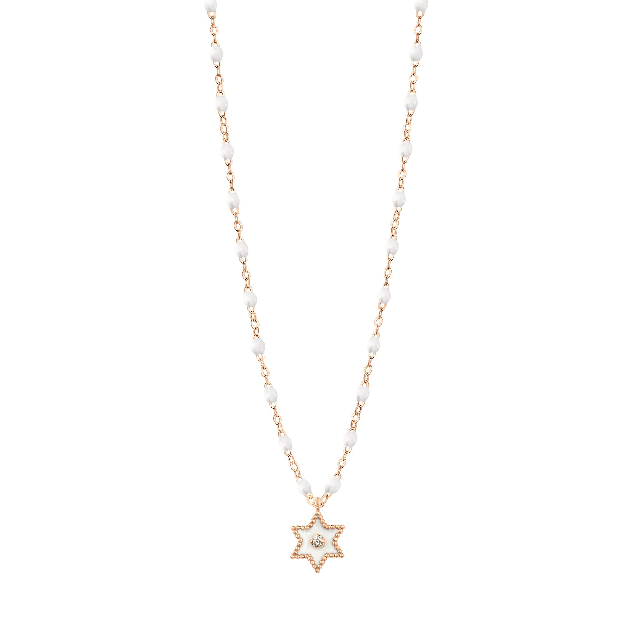 Collier Etoile Star résine blanche, diamant, or rose, 42 cm