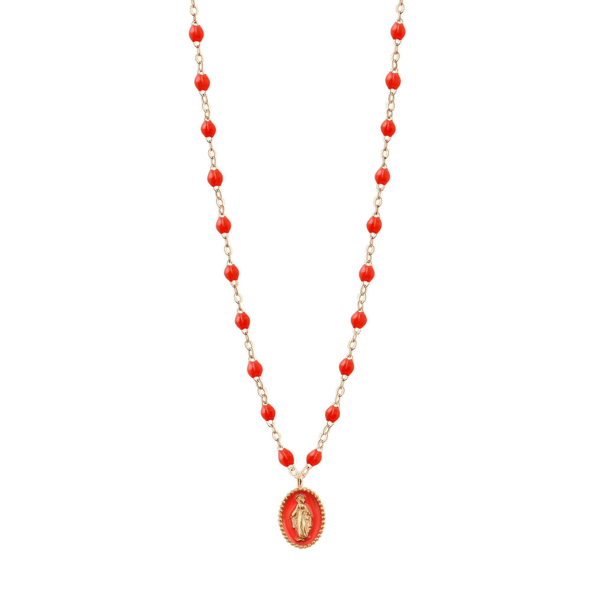 Collier Madone résine corail, or rose, 42 cm