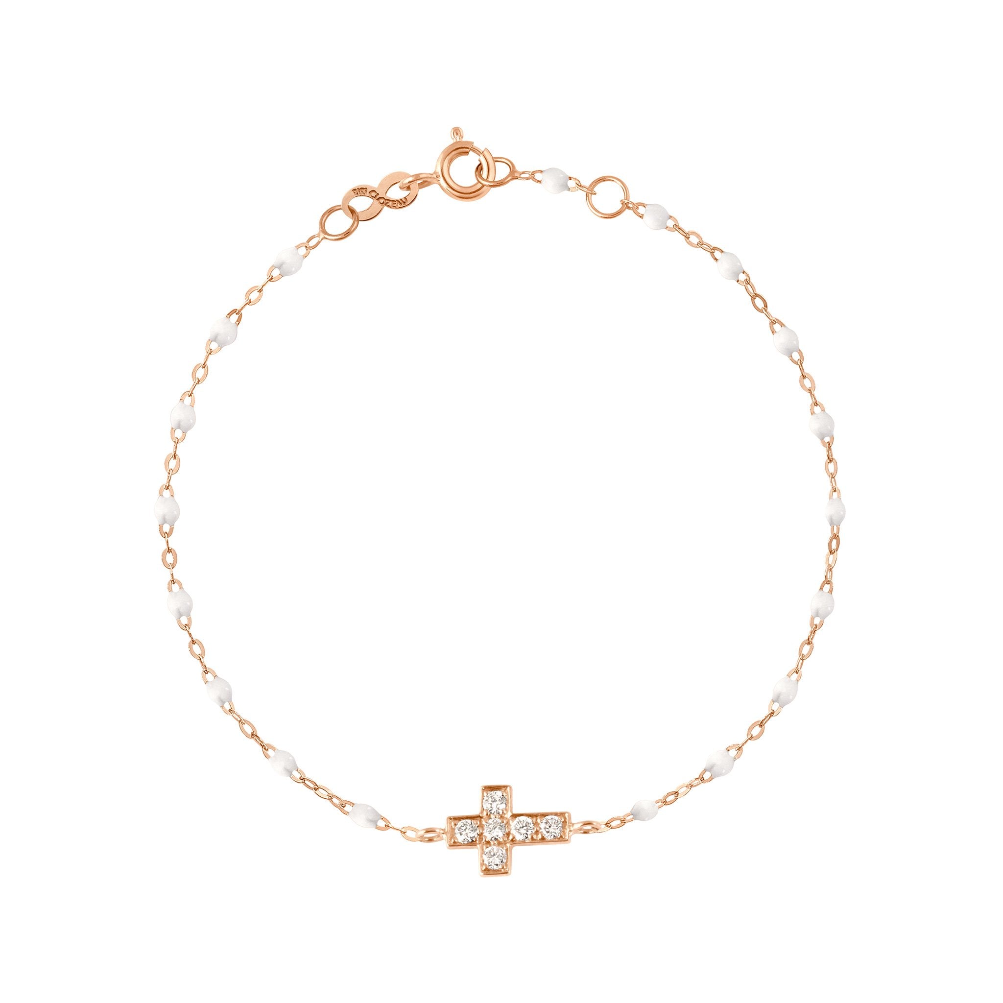 Bracelet blanc Croix diamants, or rose, 17 cm