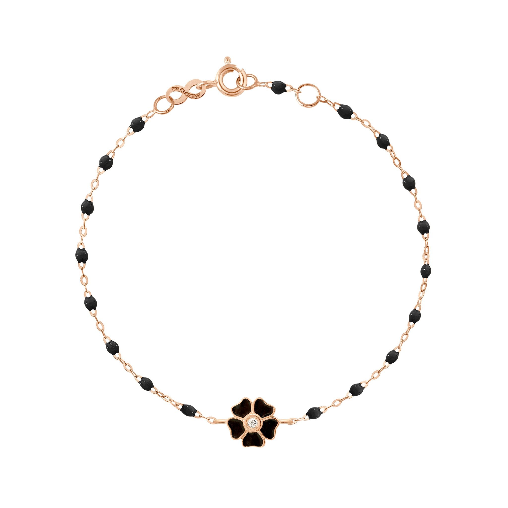Bracelet noir Fleur, diamant, or rose, 17 cm voyage Référence :  b3fl001r2017di -1