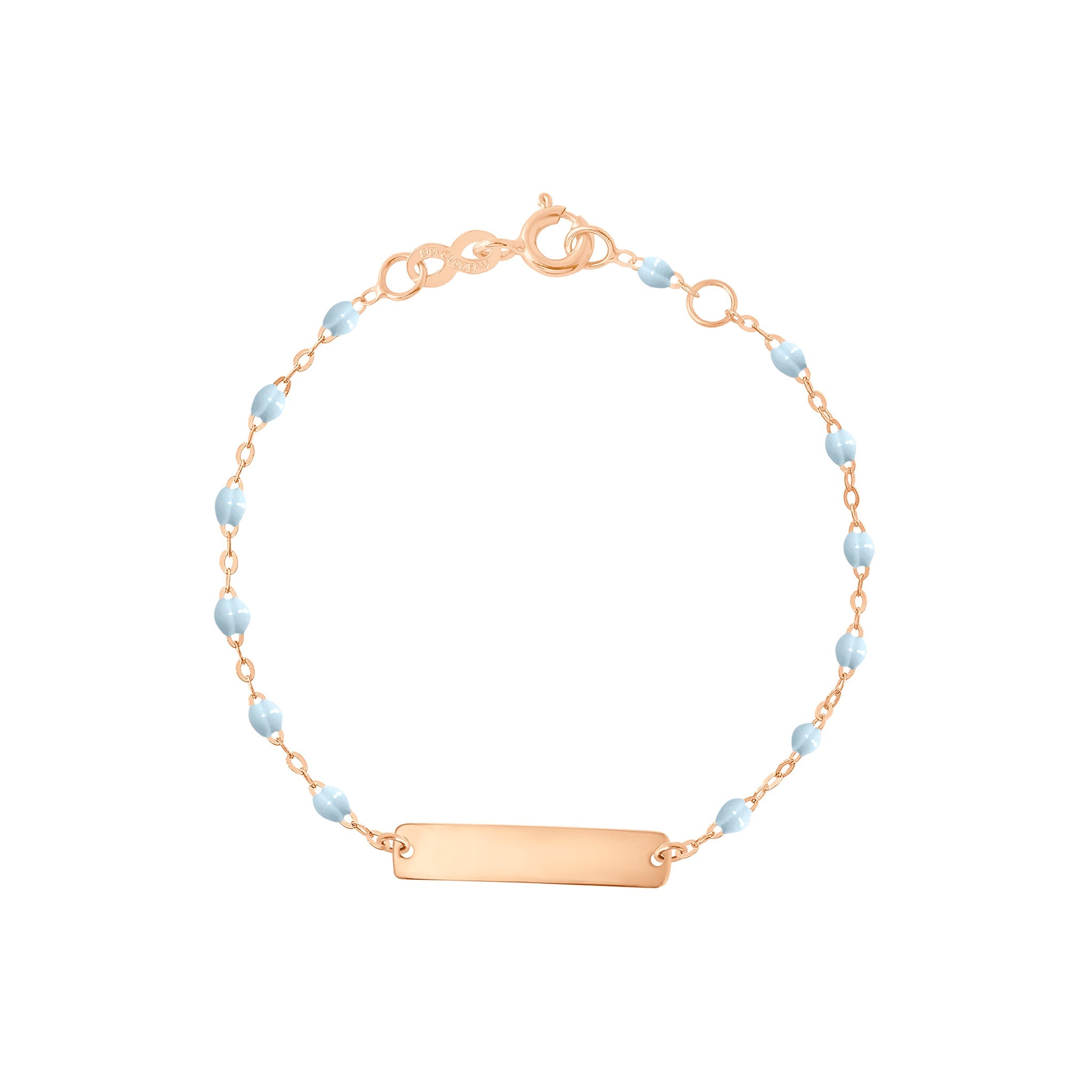 Bracelet bleu layette Little Gigi, plaque rectangle, or rose, 13 cm