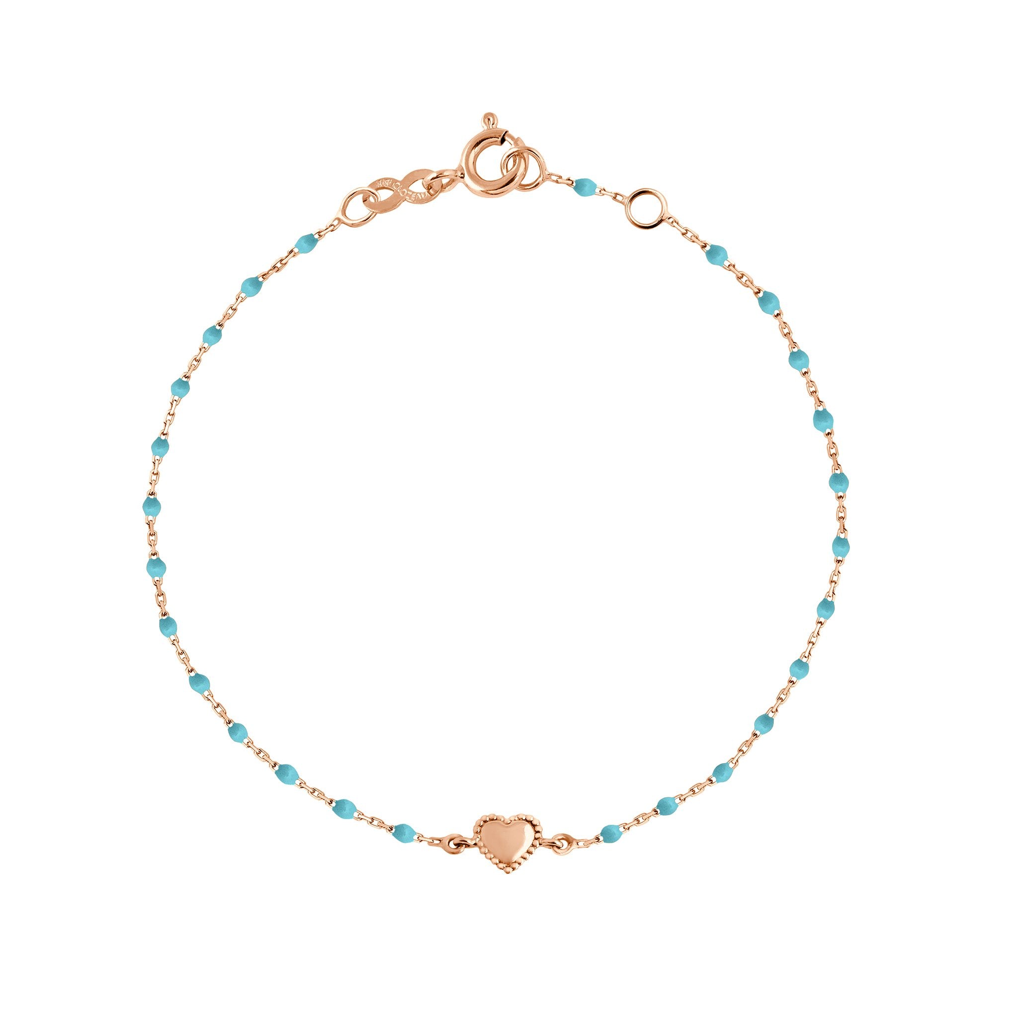 Bracelet Lucky Coeur, or rose et mini perles de résine turquoise, 17 cm