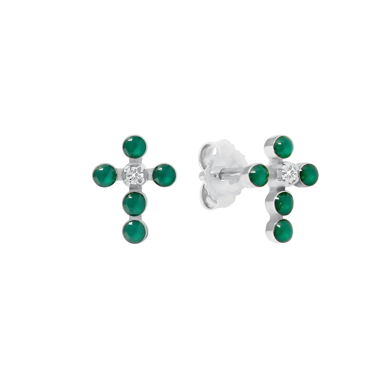 Boucles d'oreilles émeraude Croix Perlée, or blanc, diamants madone Référence :  b4cp002g35xxdi -1