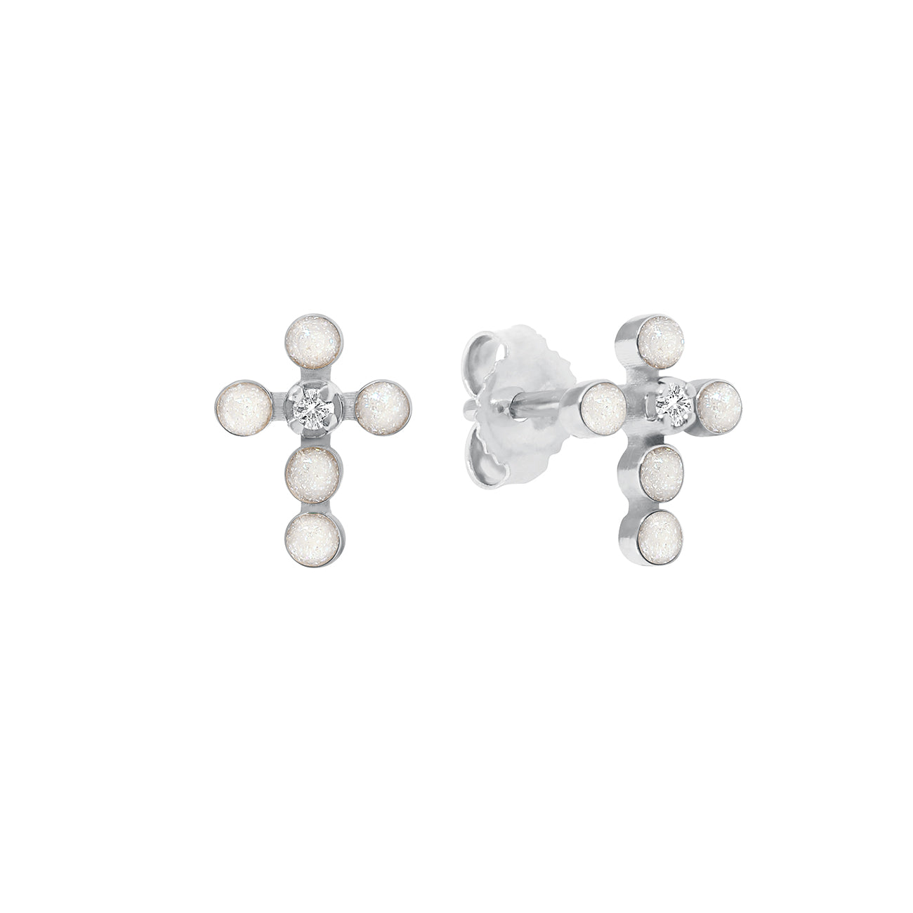Boucles d'oreilles opale Croix Perlée, or blanc, diamants madone Référence :  b4cp002g61xxdi -1
