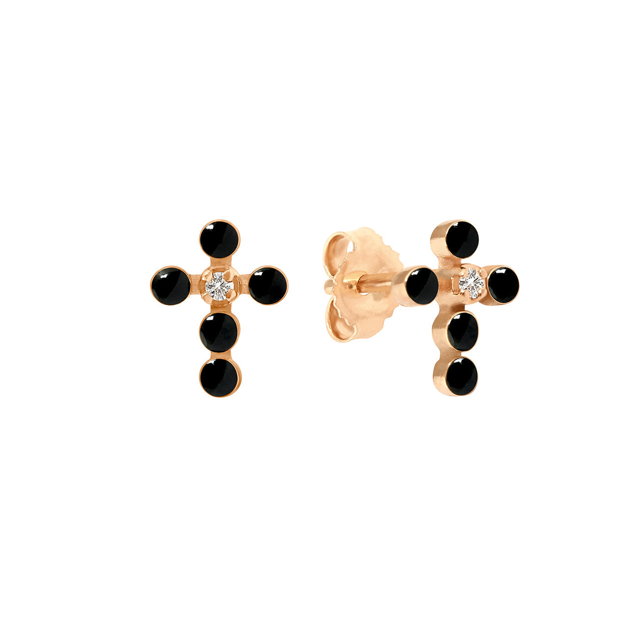 Boucles d'oreilles noire Croix Perlée, or rose, diamants madone Référence :  b4cp002r20xxdi -1