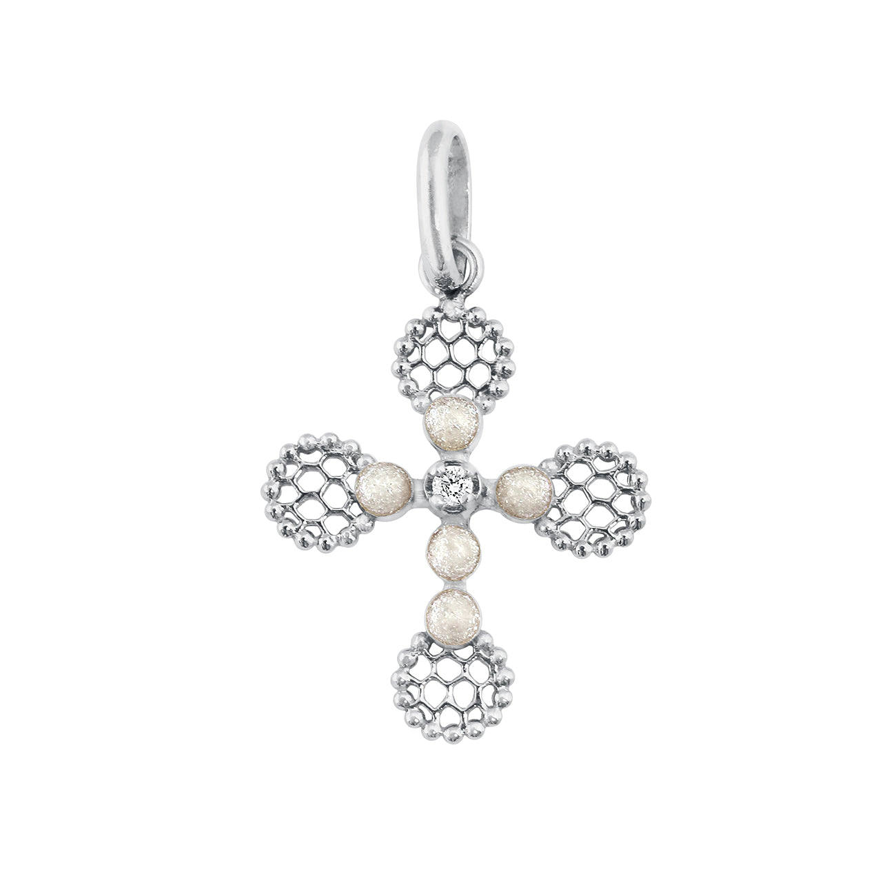 Pendentif Croix Dentelle Perlée résine opale, or blanc, diamant madone Référence :  b5cd003g61xxdi -1
