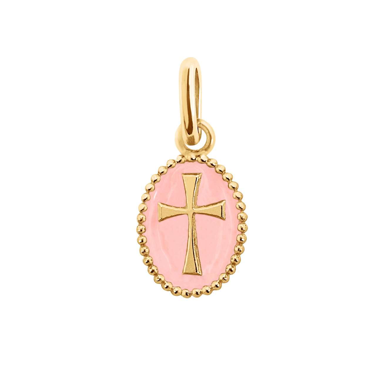 Pendentif Croix résine rose bébé, or jaune madone Référence :  b5co009j28xxxx -1