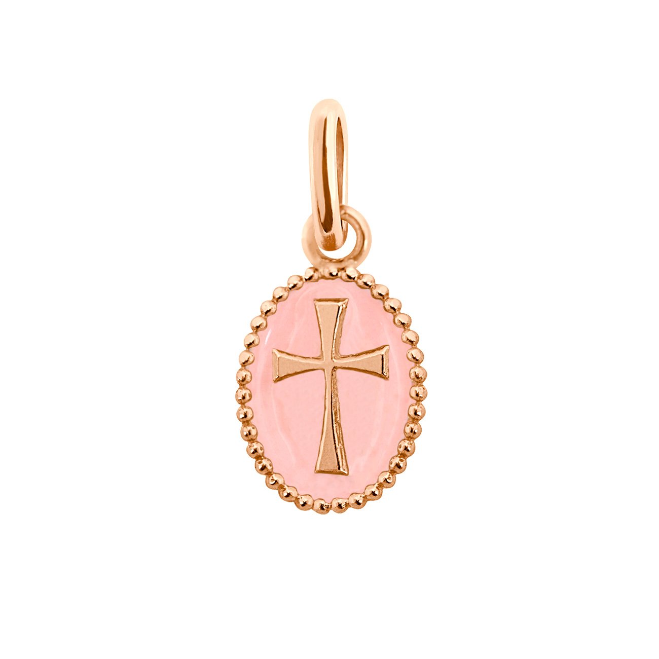 Pendentif Croix résine rose bébé, or rose