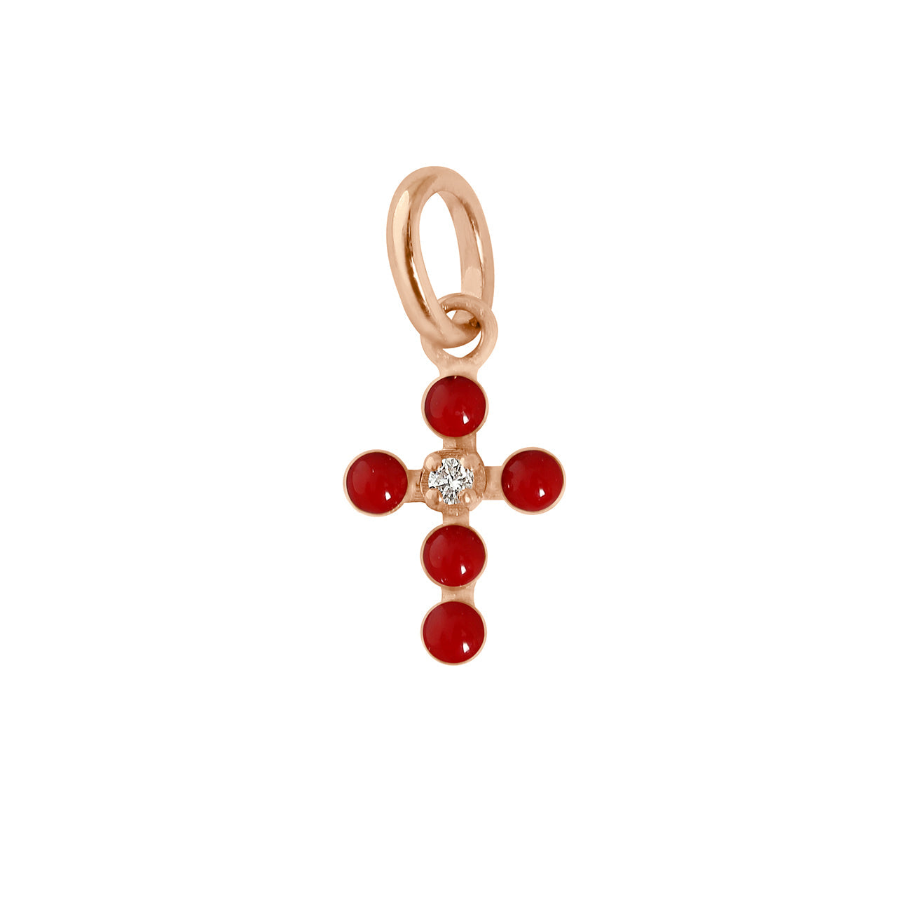 Pendentif rubis Croix Perlée, or rose, 1 diamant madone Référence :  b5cp001r32xxdi -1