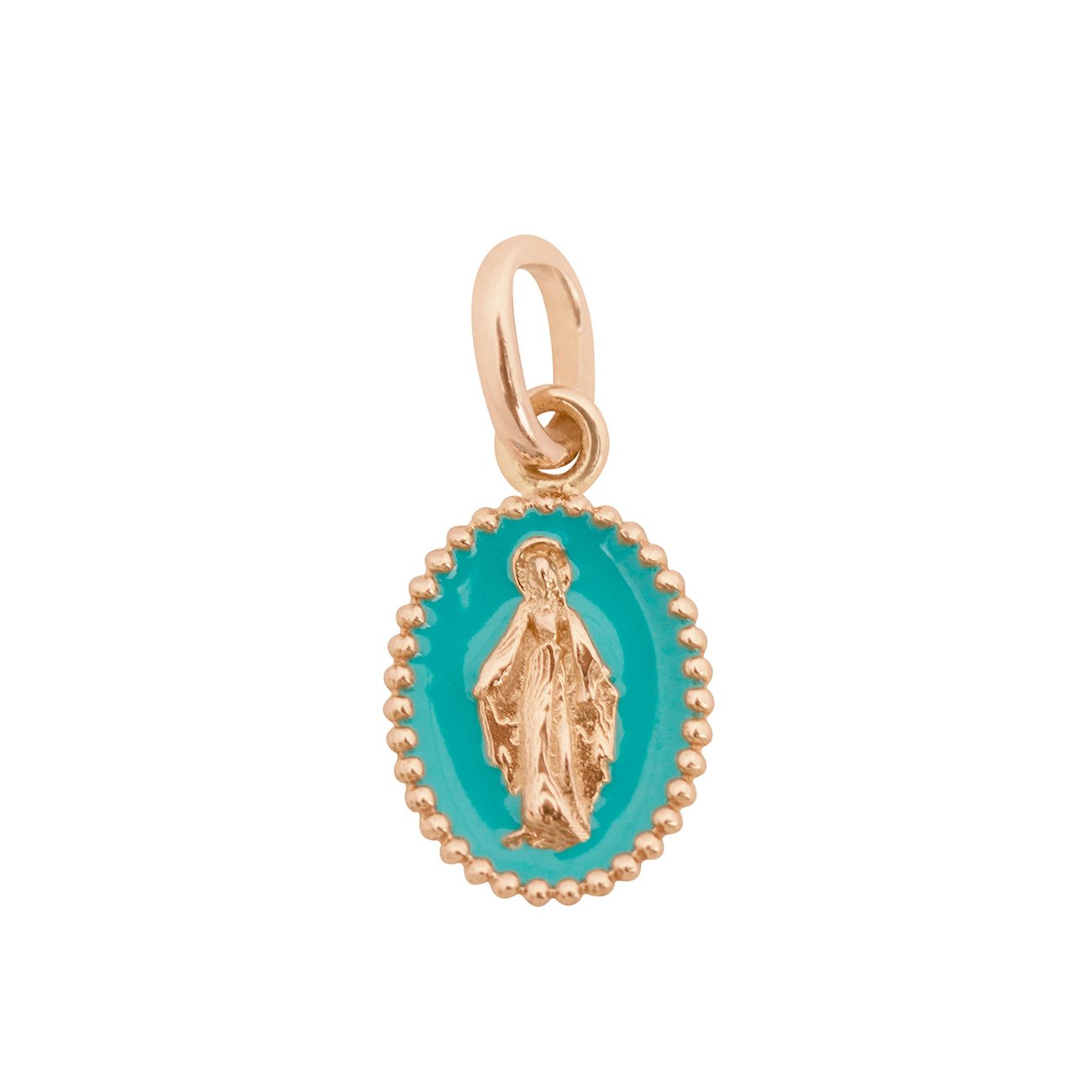 Pendentif Madone résine turquoise vert, or rose