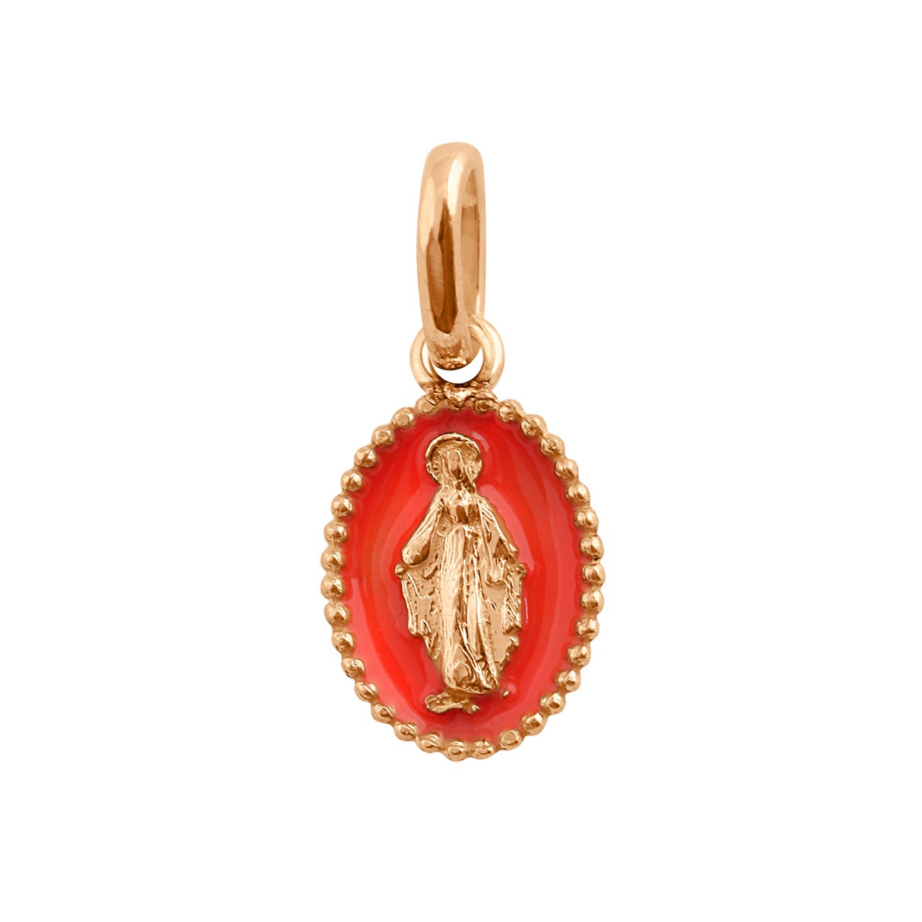 Pendentif Madone résine corail, or rose